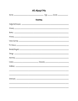 All About Me - Student Questionaire by Bethaney Kent | TpT