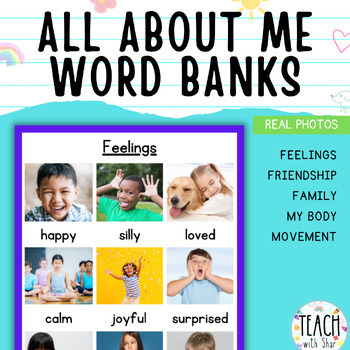 Preview of All About Me Word Banks- Feelings, Friendship, Family, My Body, Movement