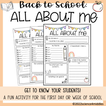 All About Me Worksheet- Back to School Activity by science4middles