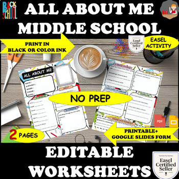 Preview of All About Me Worksheet Middle School Acitivities Printable in Black or Color ink