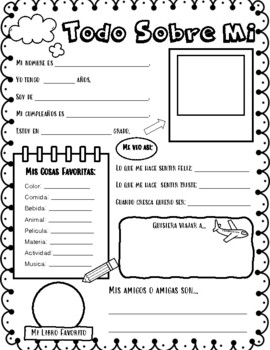 All About Me Worksheet in Spanish- ¡Todo Sobre Mi! | TPT