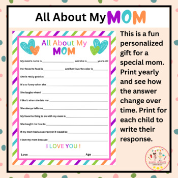 Preview of All About Mom Printable - Mother's Day message - Mother's Day Questionaire