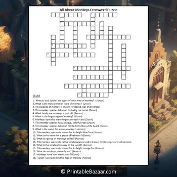 All About Monkeys Crossword Puzzle Worksheet Activity by Crossword Corner