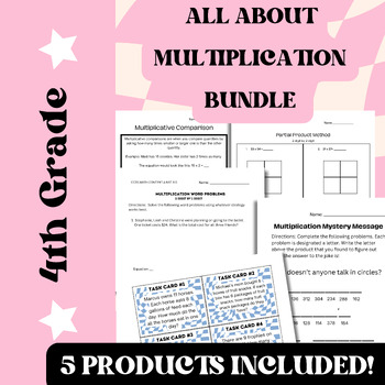 Preview of All About Multiplication Bundle! Worksheets, Task Cards, Math Mystery Message!
