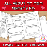 All About My Mom Writing Activity Gifts, Mother's Day Ques