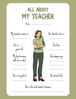 Preview of All About My Teacher Worksheet Set - Female and Male Teacher Edition