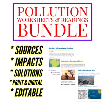 Preview of Pollution Resource Bundle Summaries Worksheets Assessment Middle High School