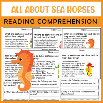 Preview of All About Sea Horses| Sea Horses life cycle | Science Reading Comprehensions