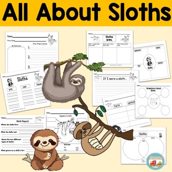 Preview of All About Sloths, Writing Prompts, Graphic Organizers, Diagrams, K, 1st, 2nd