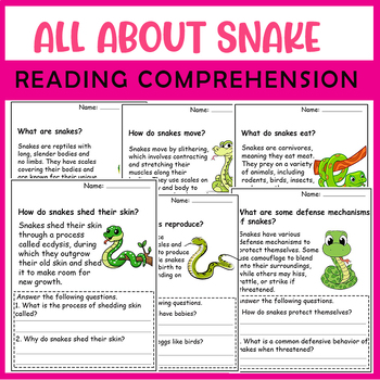 Preview of All About Snake | Snake life cycle worksheets | Science Reading Comprehensions