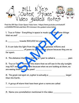 Preview of All About Space Bill Nye Outer Space Video Aligned Worksheet and Guided Notes