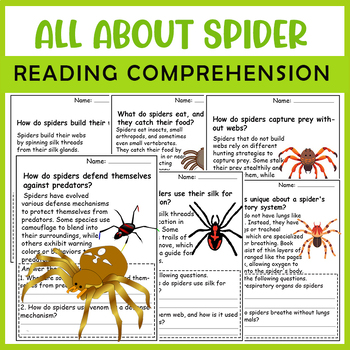 Preview of All About Spider| Spider life cycle worksheets | Science Reading Comprehensions