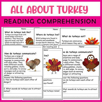 Preview of All About Turkey| Turkey life cycle worksheets | Science Reading Comprehensions