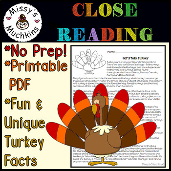 Preview of All About Turkeys Close Reading and Questionnaire * Fun Facts * Engaging * Fall