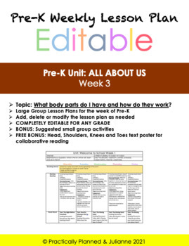 Preview of All About Us Pre-K Week 3 Editable Lesson Plan