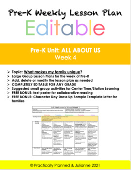 Preview of All About Us Pre-K Week 4 Editable Lesson Plan