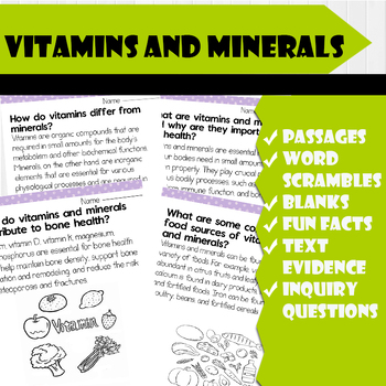 Preview of All About Vitamins and Minerals | Science Reading Comprehensions, and Worksheets