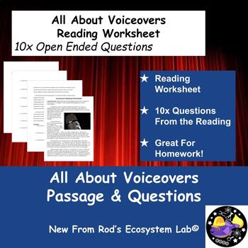 Preview of All About Voiceovers Reading Worksheet w/Answer Key **Editable**