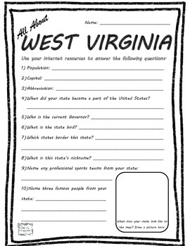 all about west virginia fifty states project based learning worksheet