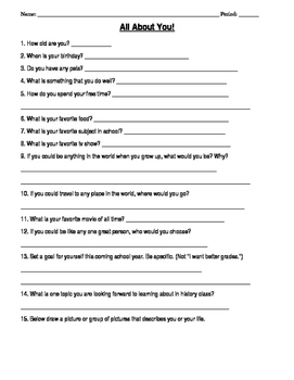 Preview of All About You Student Interest Worksheet