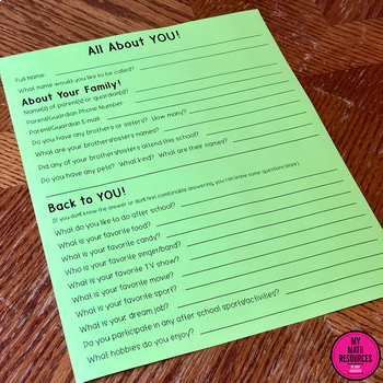 All About You! (questionnaire for first day of school) by Amy Harrison