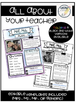 Preview of All About Your Teacher EDITABLE Templates||Meet Your Teacher|| Color + B&W