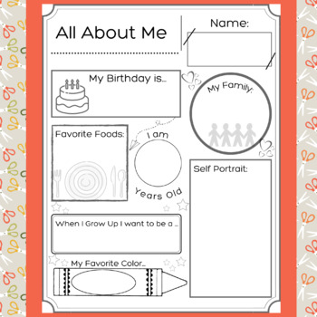 Preview of All About me Worksheet/ First Day of School Worksheet