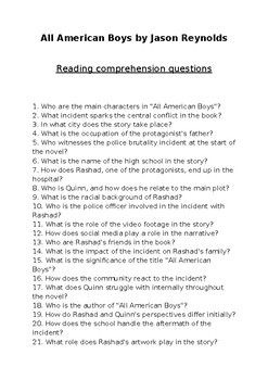 All American Boys Comprehension & Essay Questions (editable Test)