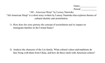Preview of All - American Slurp Reading Comprehension Questions