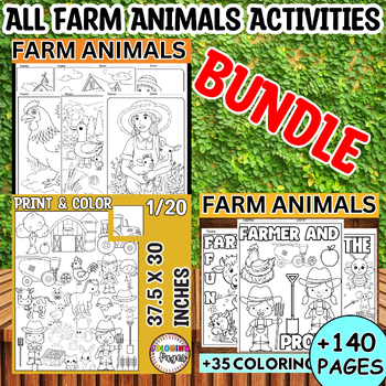 Preview of All Farm Animal Coloring Pages Activities - Farmer, Cow, Horse, Sheep Bundle