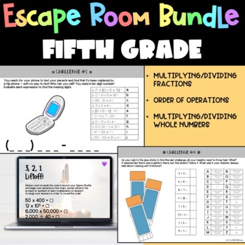 Preview of Fifth Grade Math Escape Room BUNDLE: Fractions, PEMDAS, Multiplication, Division