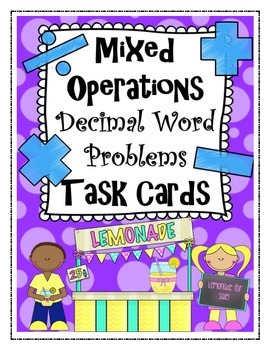 Preview of Mixed Operations Decimal Word Problem Task Cards, Worksheets and answer keys