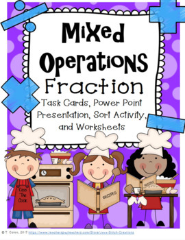 Preview of Mixed Operations Fraction Word Problem Power Point, Task Cards, Worksheets