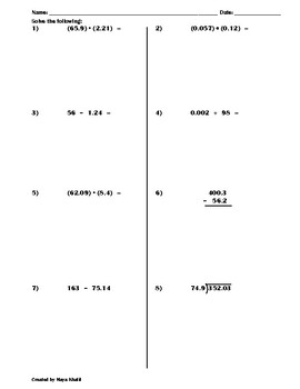 all operations with decimals practice worksheet by maya khalil tpt