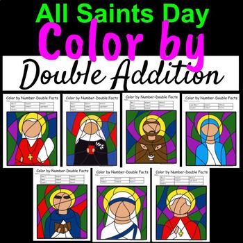 Preview of All Saints Day Color by Number Coloring-Double Addition Fact Activity