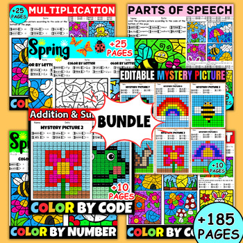 Preview of All Spring Coloring Pages Color By Number Code Math Grammar Word Activities
