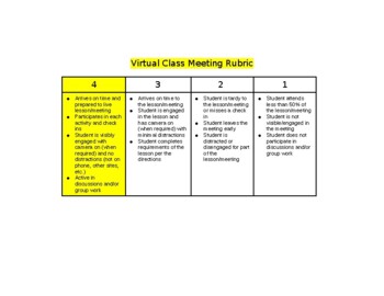 Preview of All Subjects Virtual Remote Distance Learning Meeting Expectations Rubric