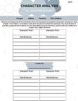 All Summer In A Day Character Analysis by Room Nine's Nifty Activities