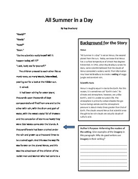 Preview of "All Summer in a Day" by Ray Bradbury Consumable Text