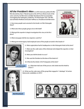 Preview of All The Presidents Men - Movie questions, terms, explanations and key