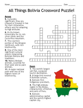 All Things Bolivia Crossword Puzzle by Oasis EdTech TPT