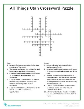 All Things Utah Crossword Puzzle by Oasis EdTech TPT