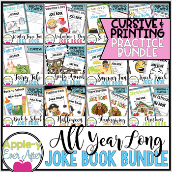 Preview of All Year Long PRINTING and CURSIVE practice Joke Book Bundle