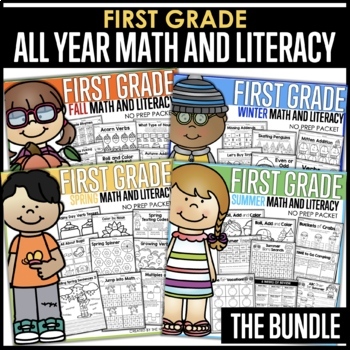 Preview of 1st Grade All Year Math + Literacy NO PREP Worksheets, Homework Folder Review