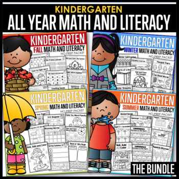 Preview of Kindergarten All Year Math + Literacy NO PREP Worksheets, Homework Folder Review