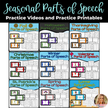 Preview of All Year Seasonal Parts of Speech Practice Videos and Printables