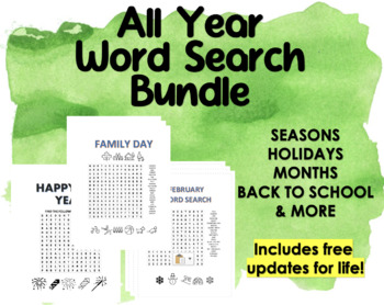 Preview of All Year Word Search Bundle (Seasons, Months, Holidays, Back To School etc.)