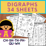 All about Digraphs worksheets - CH, SH, TH, WH, QU(Beginni