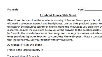 Preview of All about France Web Quest and Lesson Plan
