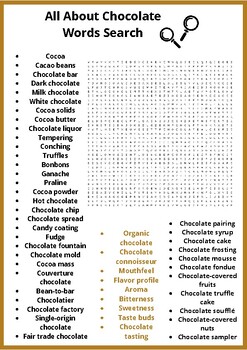 All about choclate word search puzzles worksheets activity by E-Puzzles